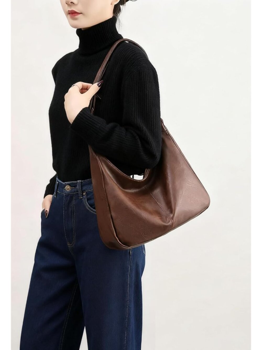 Hobo Bags for Women Retro Vegan Leather Shoulder Handbag Foldable Slouchy Tote C - Picture 2 of 7